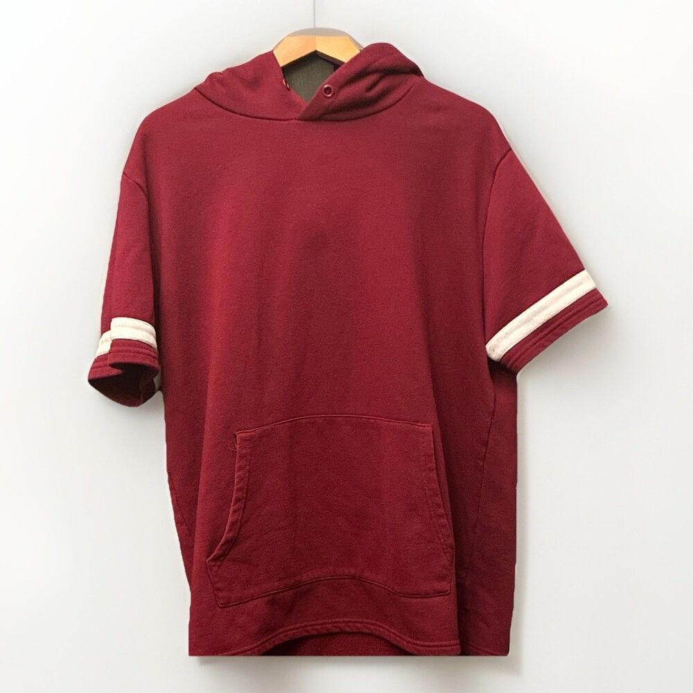 FOREVER 21 Red Pullover‎ Hoodie Striped Sleeves Center Pocket Cotton Men XL